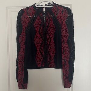 Chic Lace Long Sleeve Blouse - Black and Red